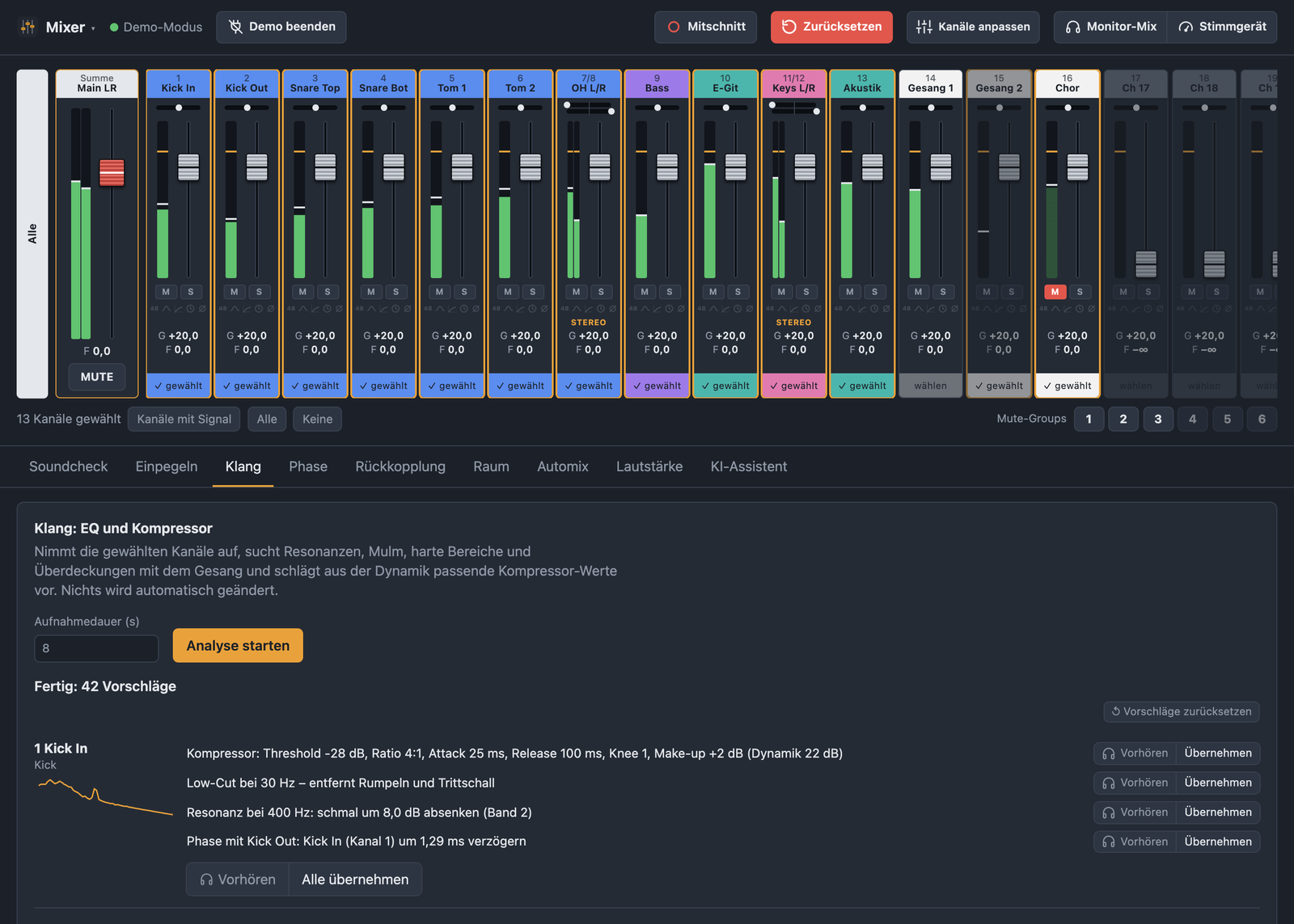 Klang-Analyse von BandAssist mit Vorschlägen für Low-Cut, EQ und Kompressor pro Kanal