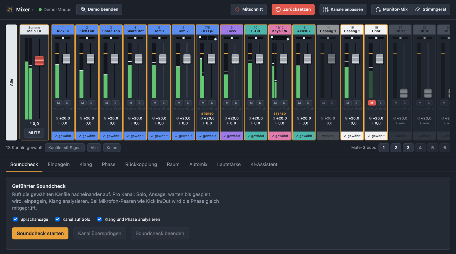 Hauptansicht von BandAssist mit Main-LR-Fader, Kanalzügen, Pegelmetern, geführtem Soundcheck und Mute-Groups