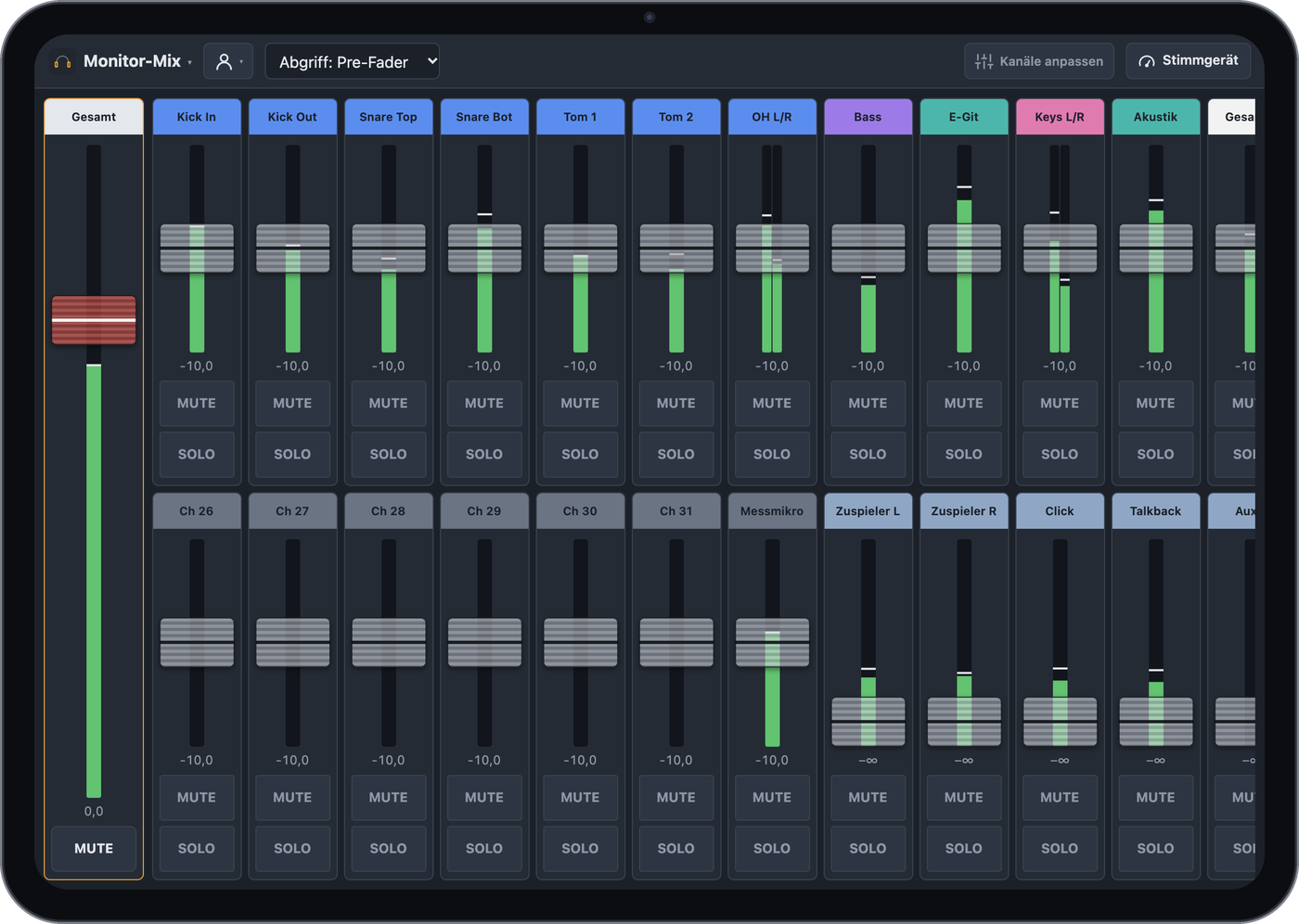 Monitor-Mix auf einem iPad