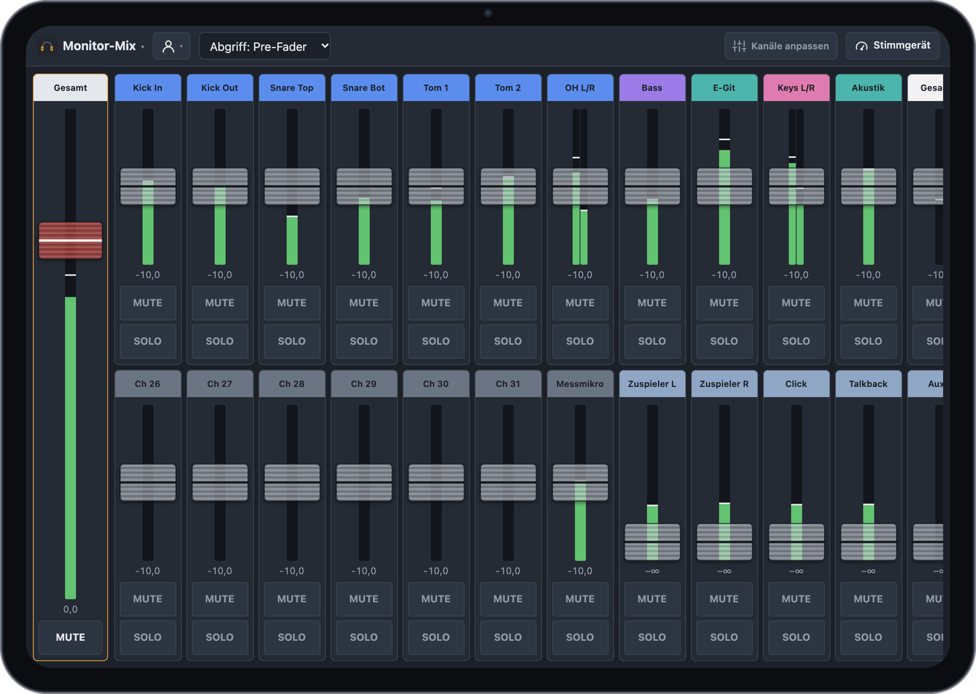 Monitor-Mix von BandAssist auf einem iPad mit großen Fadern pro Kanal