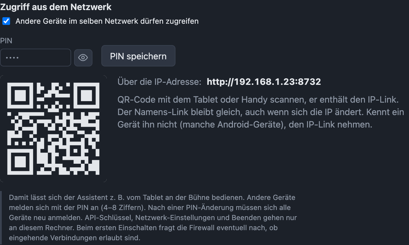 Einstellungen Netzwerk mit Zugriff, PIN, Links und QR-Code