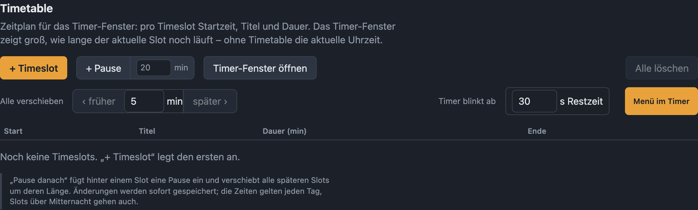 Einstellungen Timetable mit Timeslots, Pausen und Einstellungen