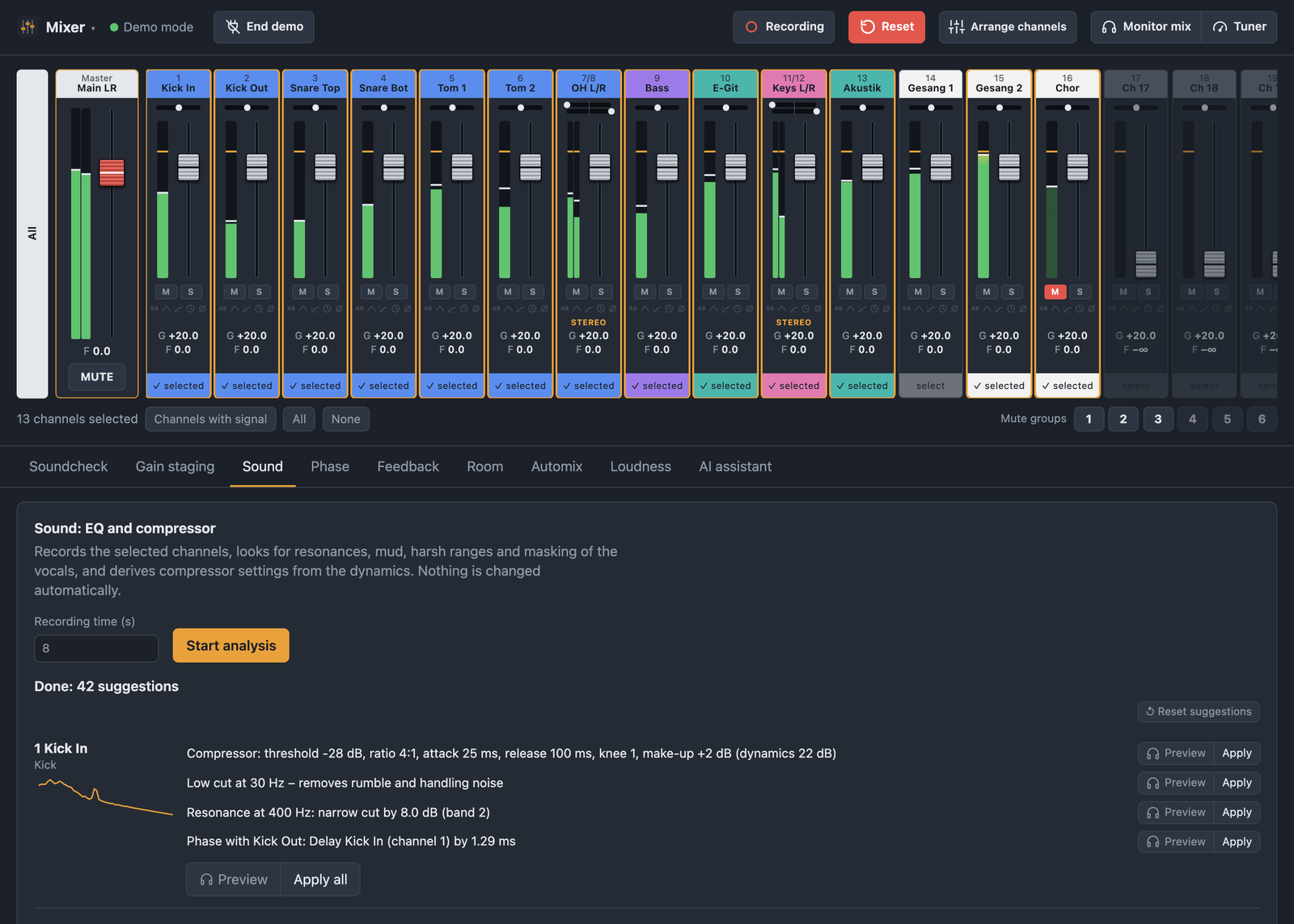 BandAssist sound analysis with low-cut, EQ and compressor suggestions per channel