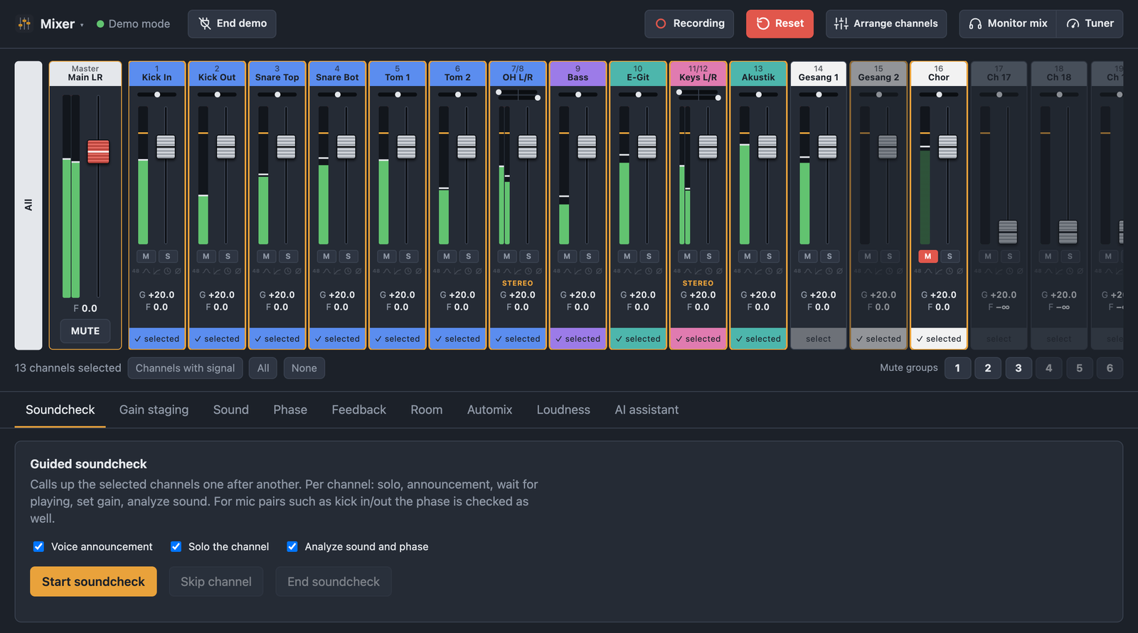 BandAssist main view with Main LR fader, channel strips, level meters, guided soundcheck and mute groups