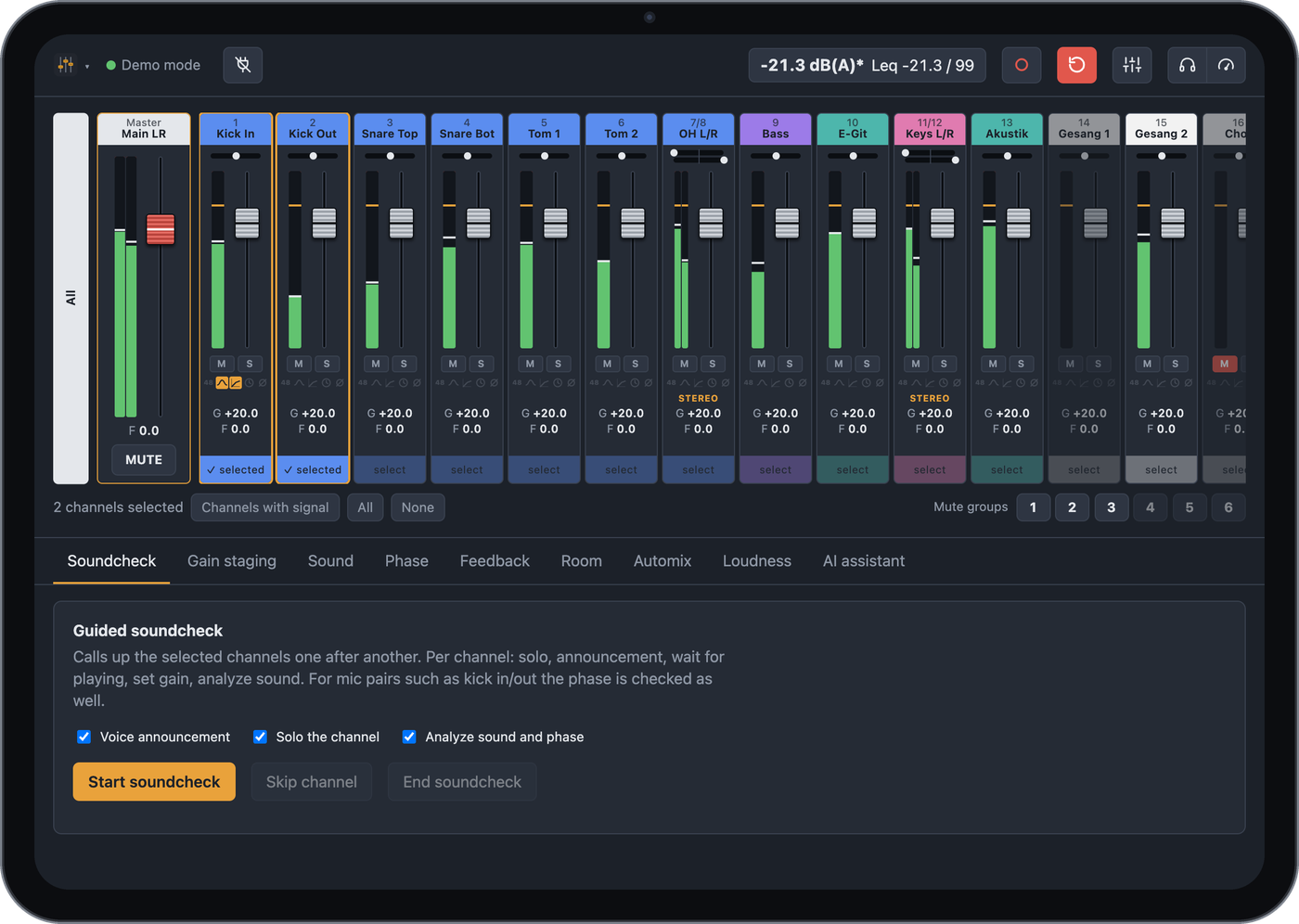 BandAssist mixer on an iPad with all channel strips