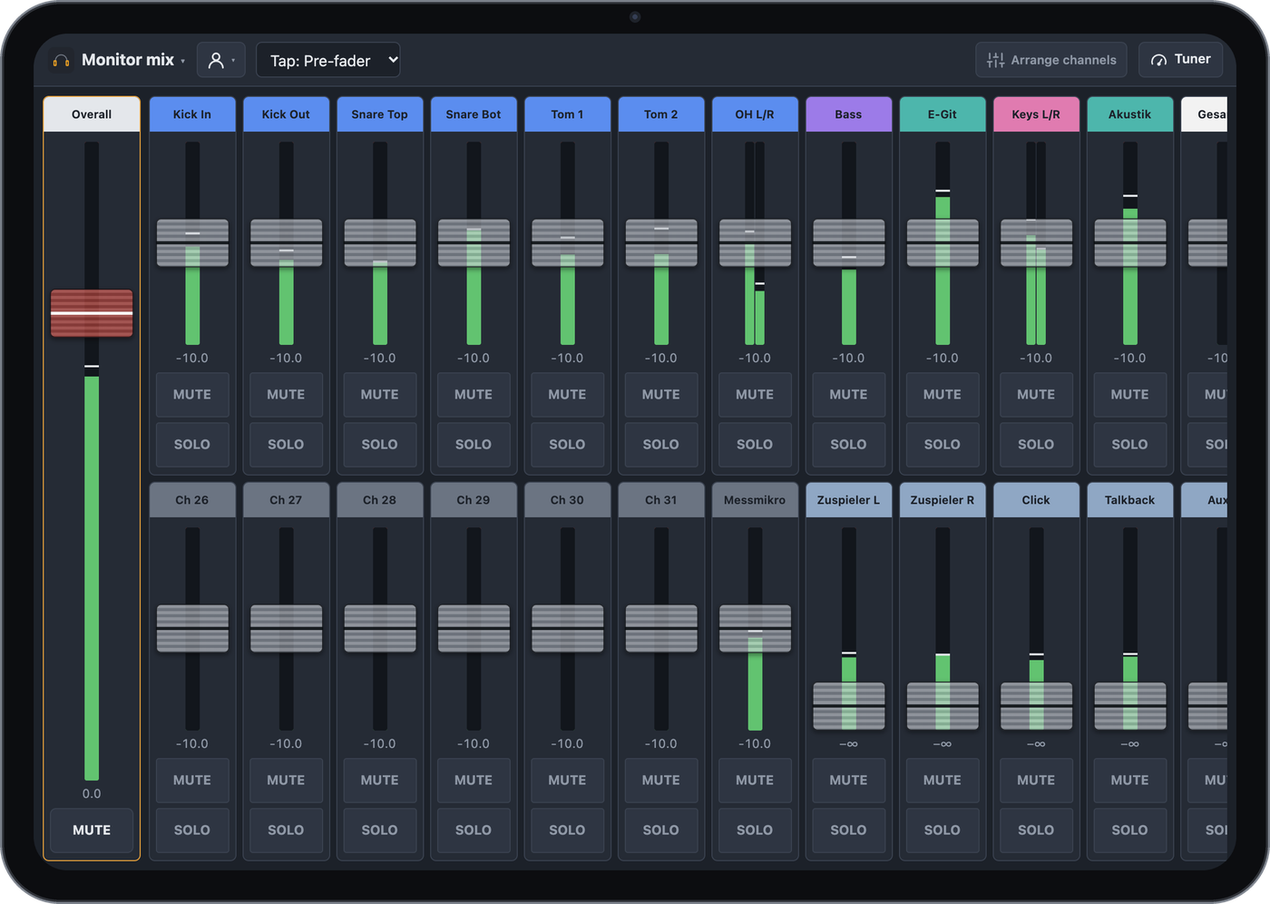 BandAssist monitor mix on an iPad with large faders per channel