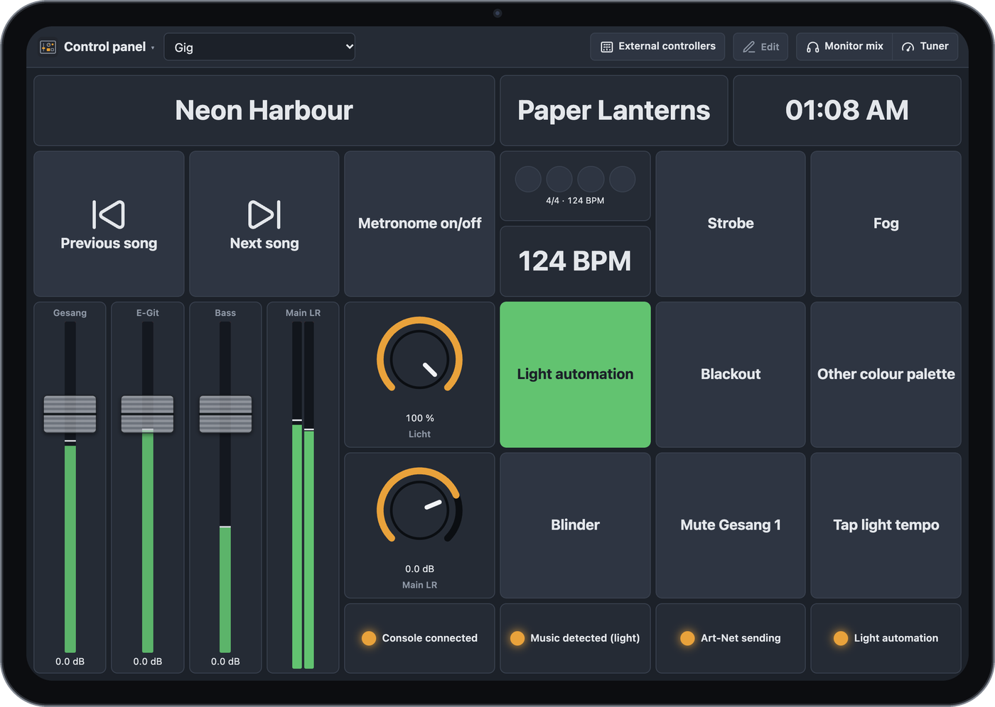 Control panel on an iPad with title, buttons, faders, knobs and displays