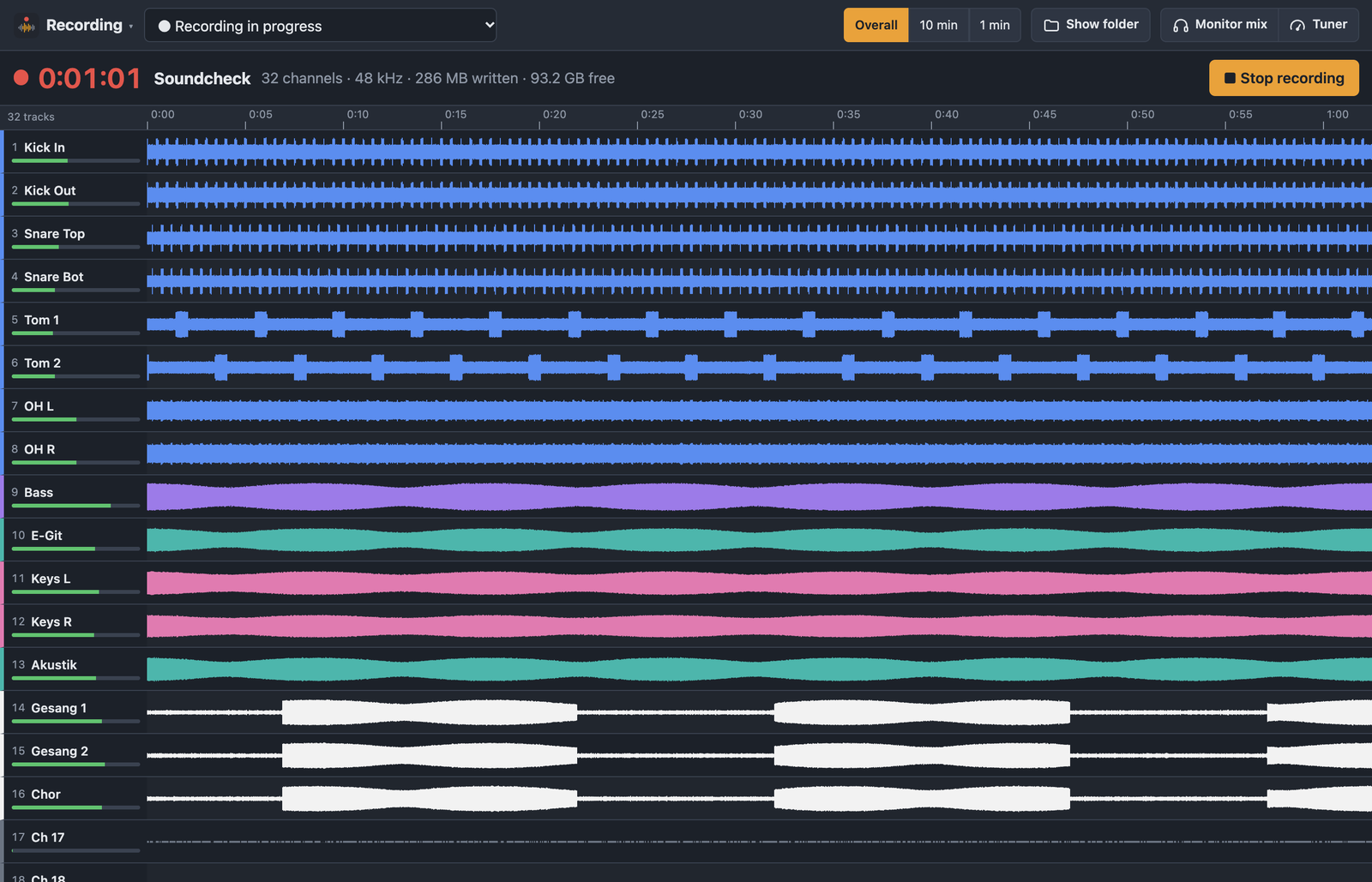 Track view of a running recording in BandAssist with a waveform per channel