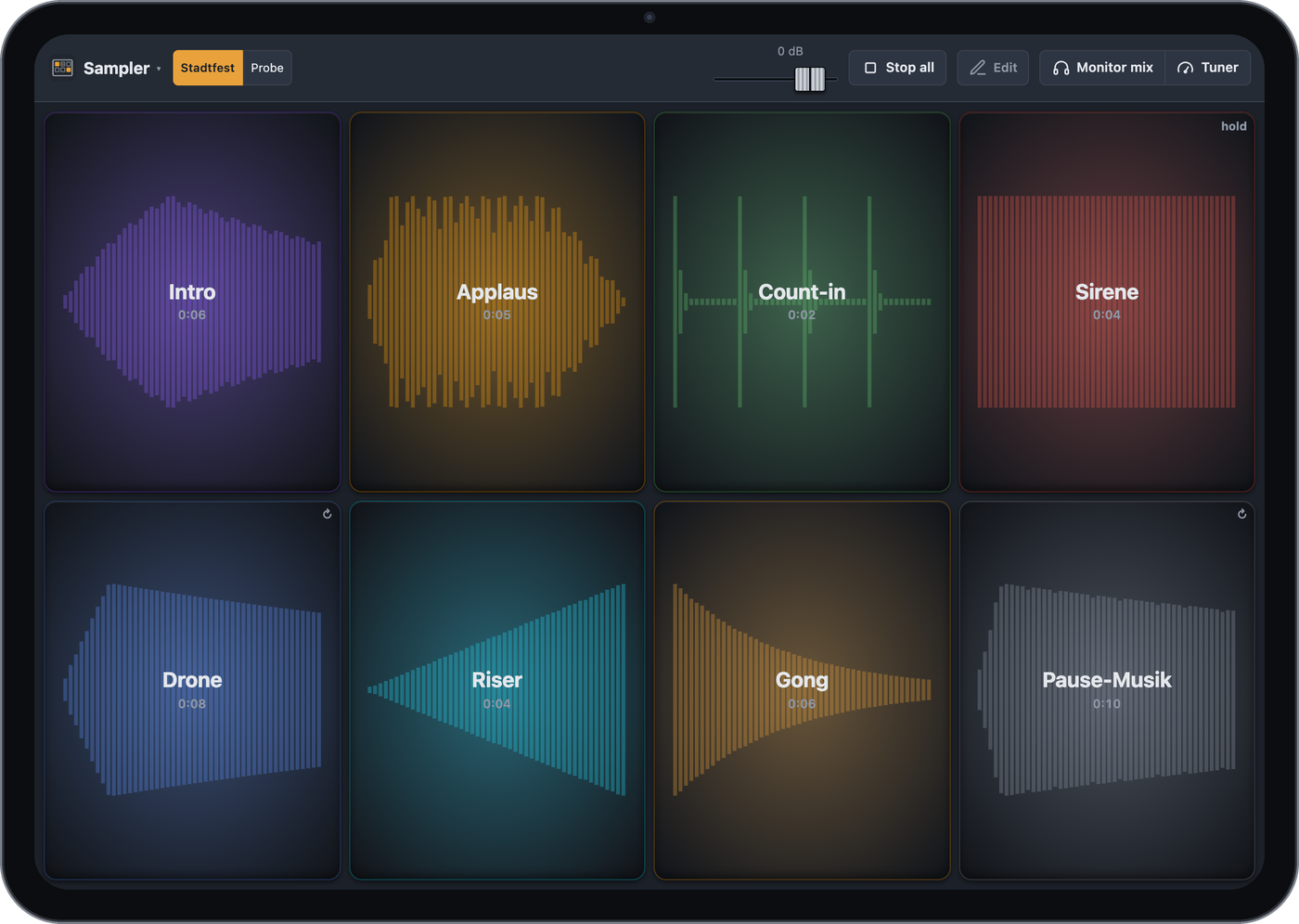 Sampler on an iPad with eight colored pads