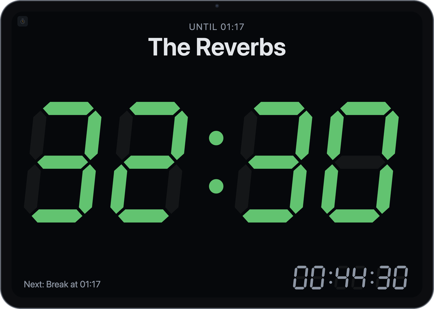 Timer window with remaining time as a 7-segment display, current and next slot, and the clock