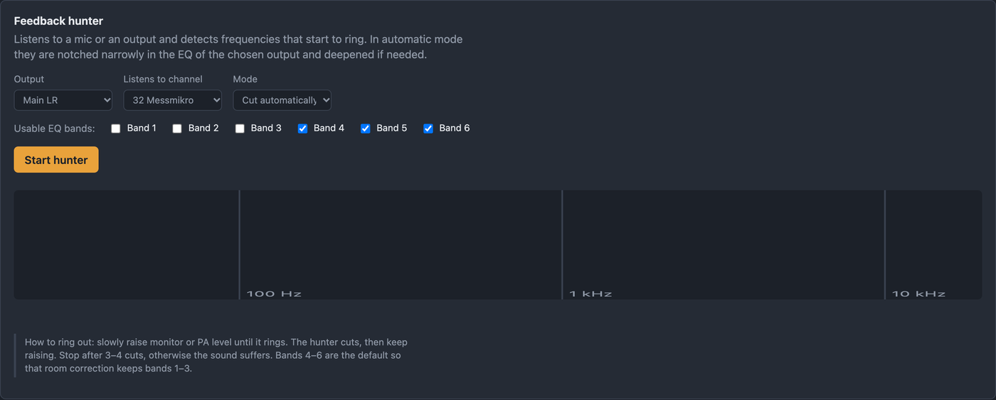 Feedback tab with output, channel, mode and EQ bands