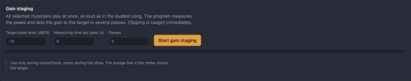 Gain staging tab with target peak level, measuring time and passes