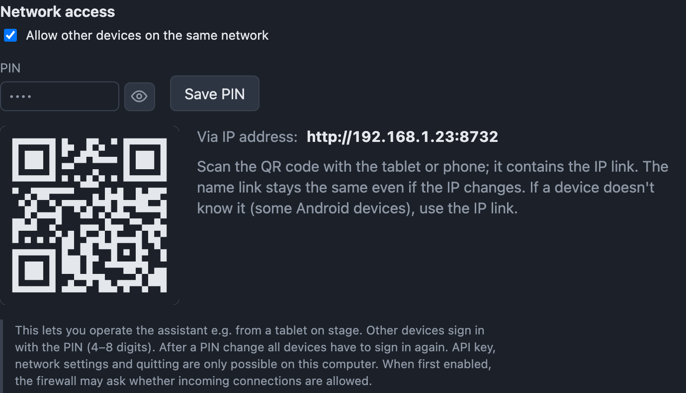 Network settings with access, PIN, links and QR code