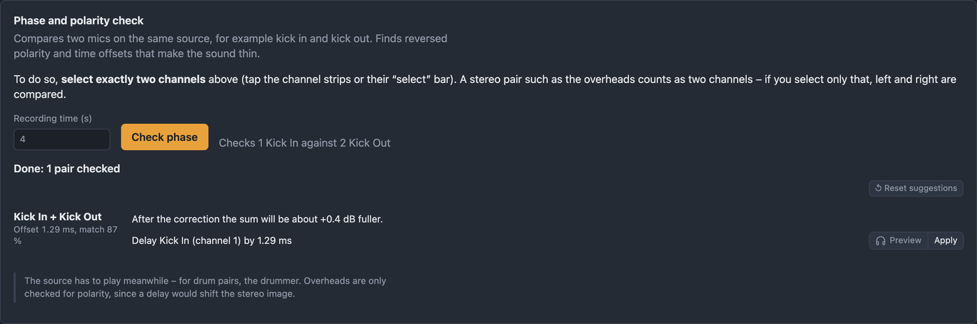 Phase tab with the result for kick in and kick out