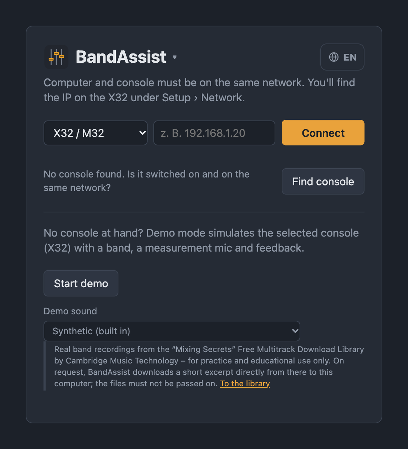 BandAssist start page with console selection, IP field, console search and demo mode