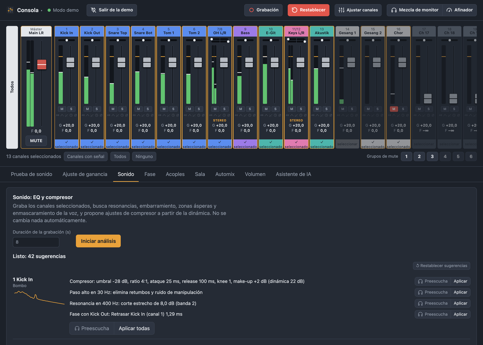 Análisis de sonido de BandAssist con sugerencias de paso alto, EQ y compresor por canal