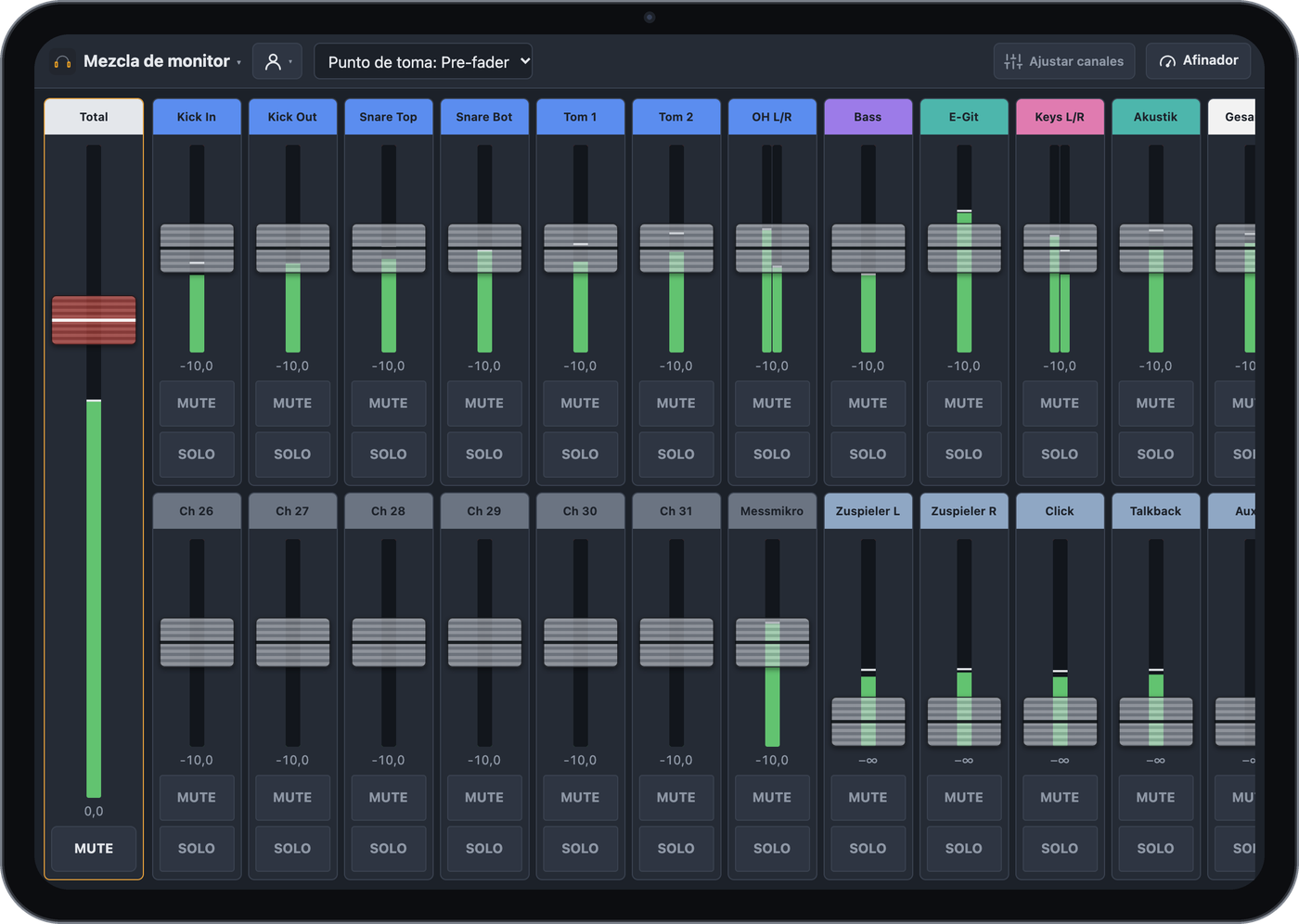 Mezcla de monitor de BandAssist en un iPad con faders grandes por canal