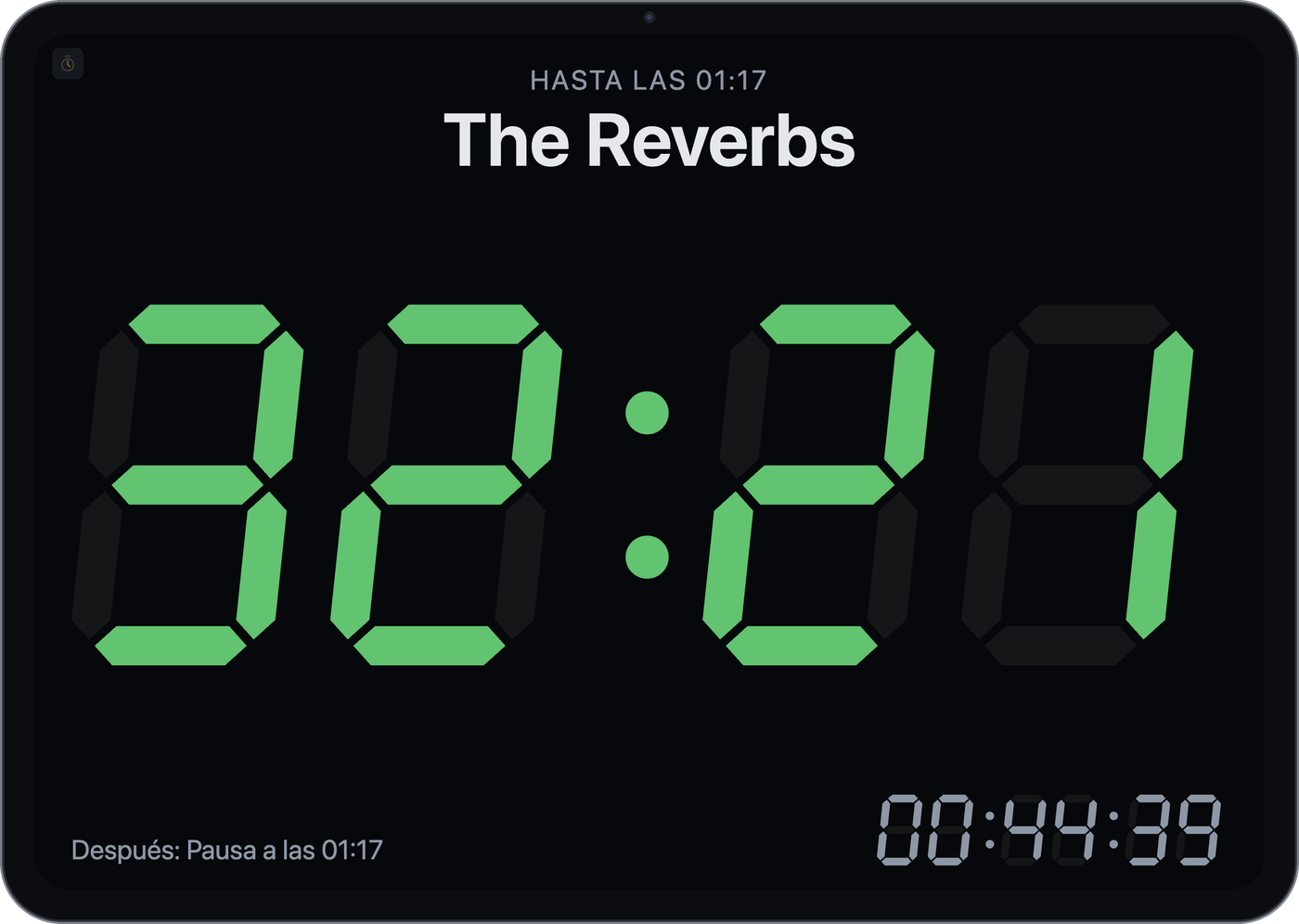 Ventana del temporizador con el tiempo restante en un display de 7 segmentos, la franja en curso y la siguiente, y la hora
