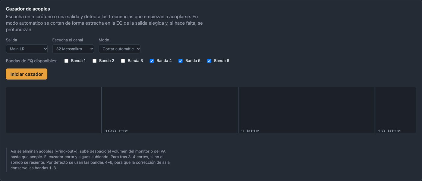 Cazador de acoples en BandAssist con salida, canal, modo y bandas de EQ utilizables