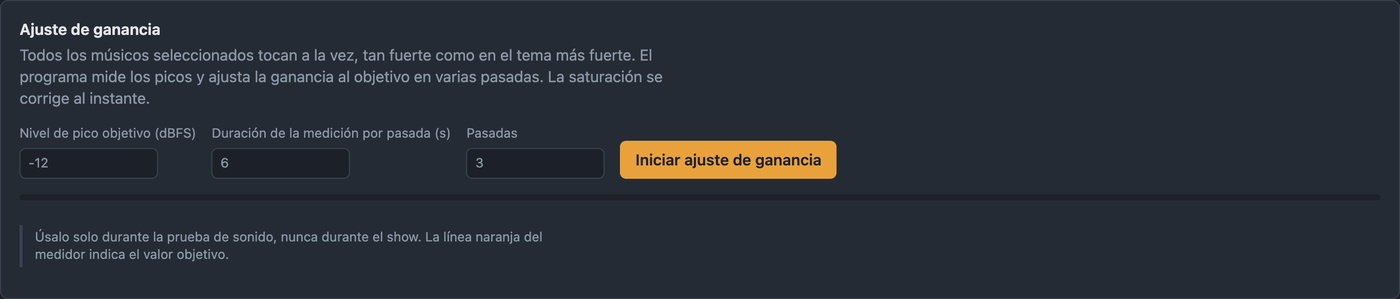 Pestaña Ajuste de ganancia con nivel de pico objetivo, duración de la medición y pasadas