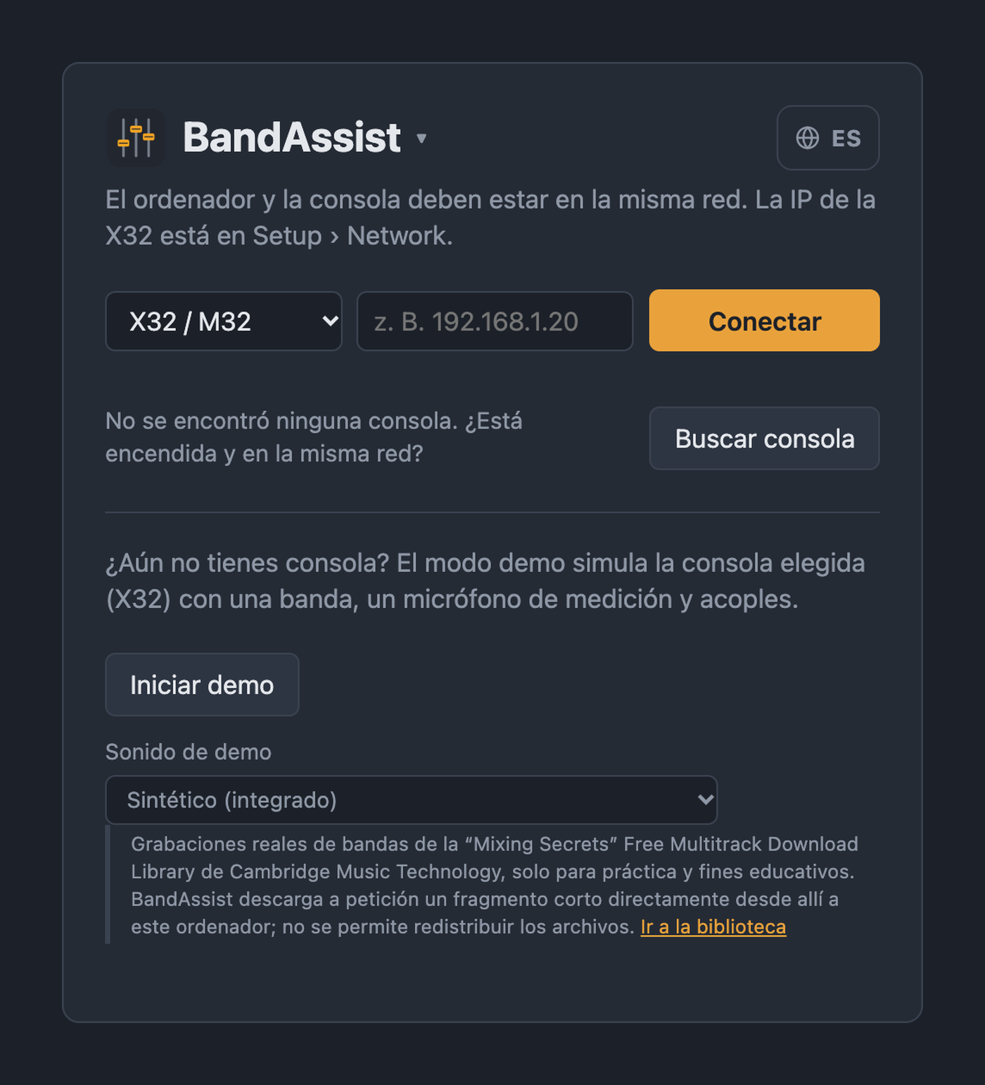 Página de inicio de BandAssist con selección de consola, campo de IP, búsqueda de consolas y modo demo