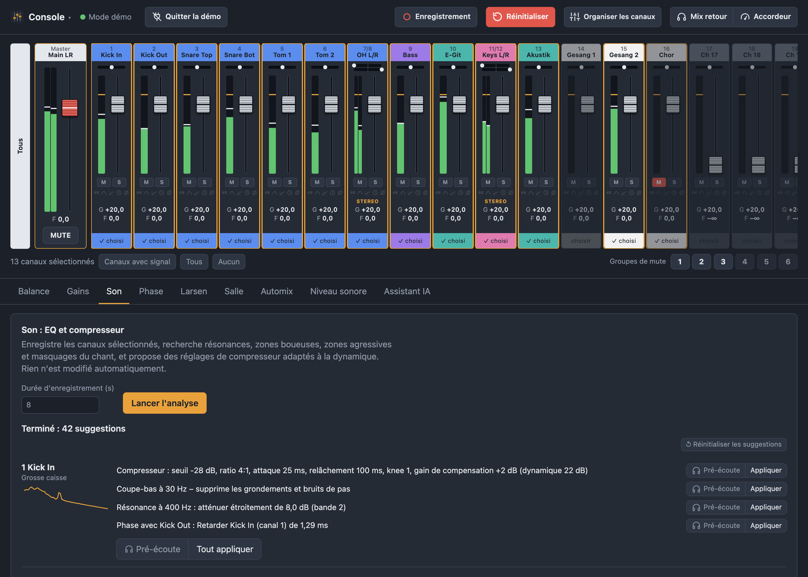 Analyse du son de BandAssist avec suggestions de coupe-bas, EQ et compresseur par canal