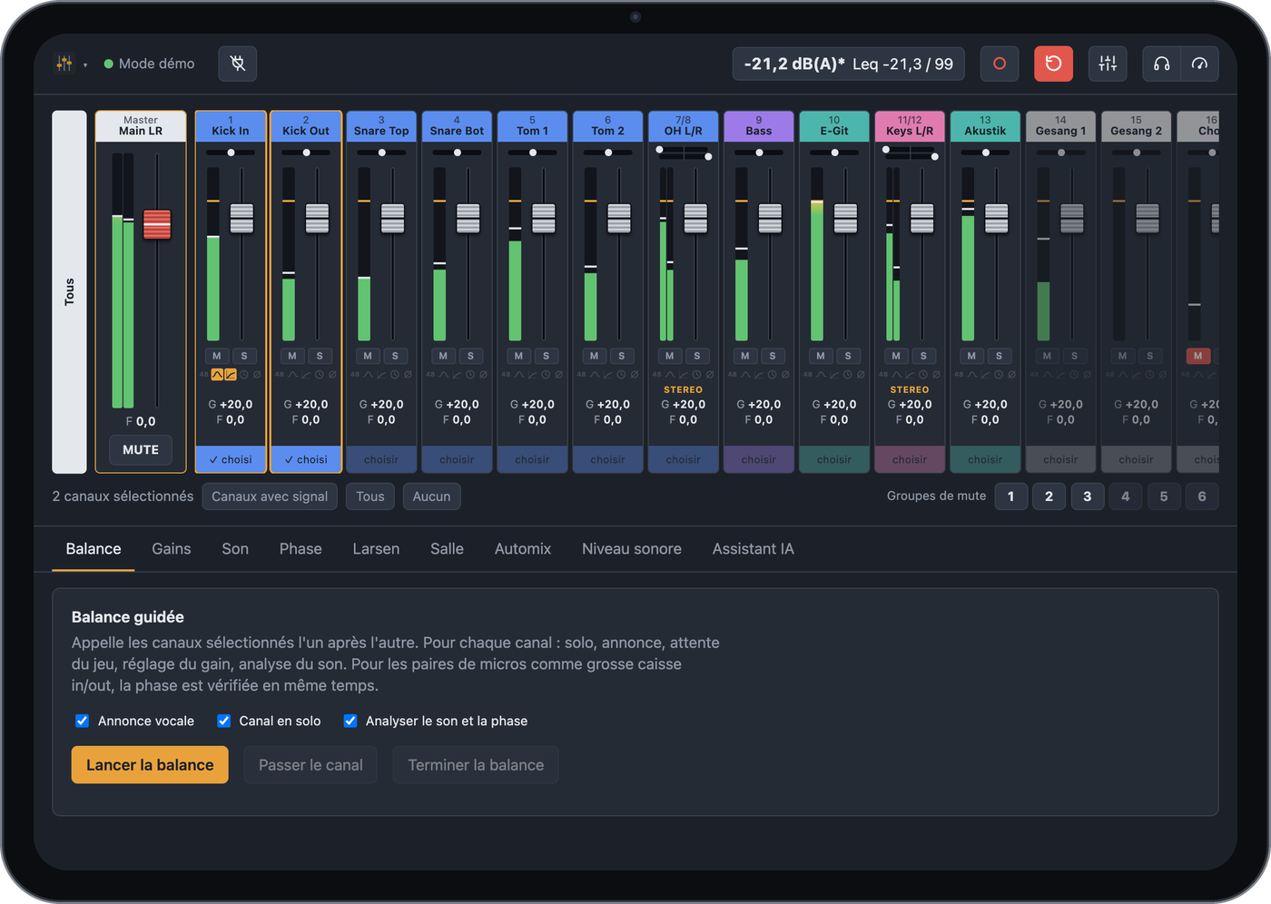 Console de BandAssist sur un iPad avec toutes les tranches