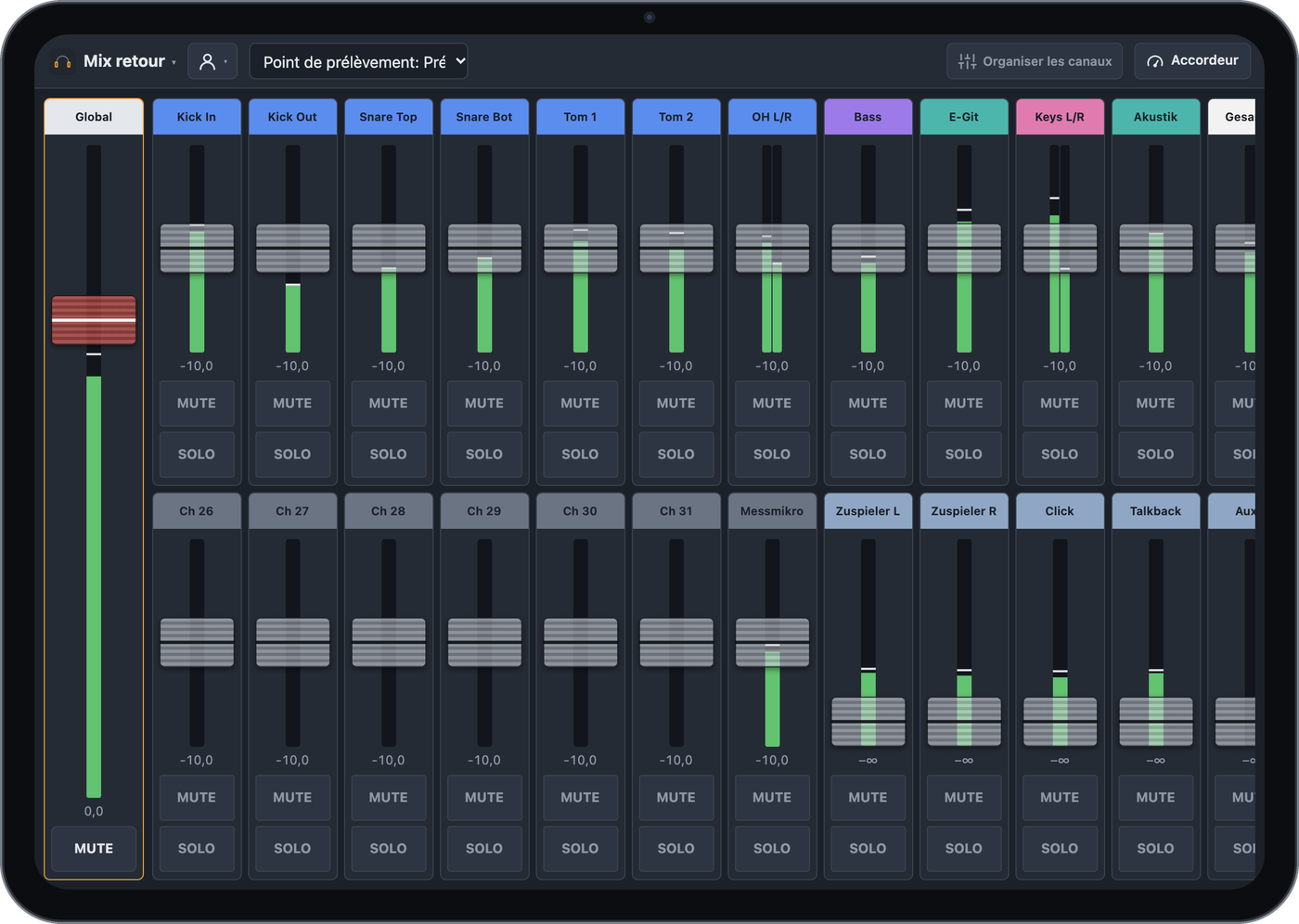 Mix retour de BandAssist sur un iPad avec de grands faders par canal
