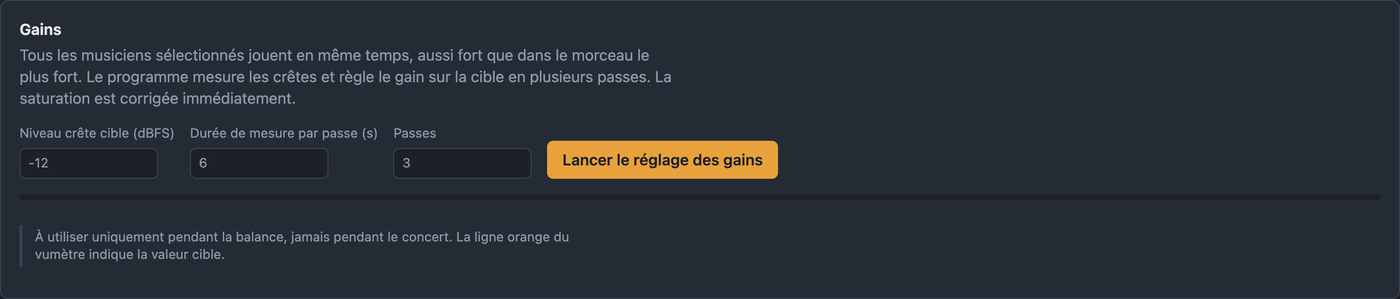 Onglet Gains de BandAssist avec niveau crête cible, durée de mesure et passes