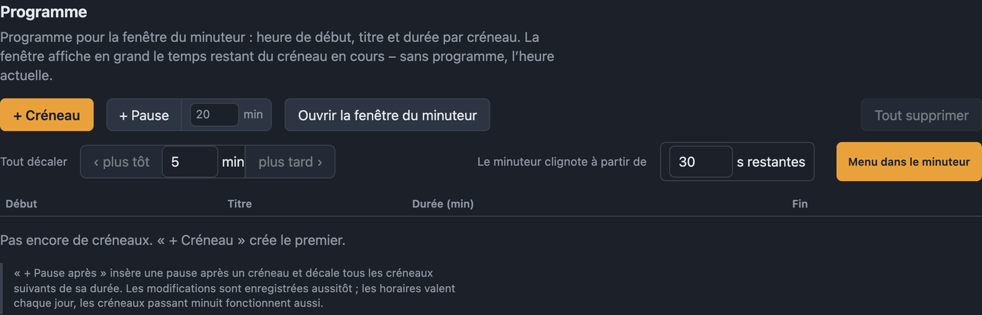 Réglages Programme avec créneaux, pauses et réglages