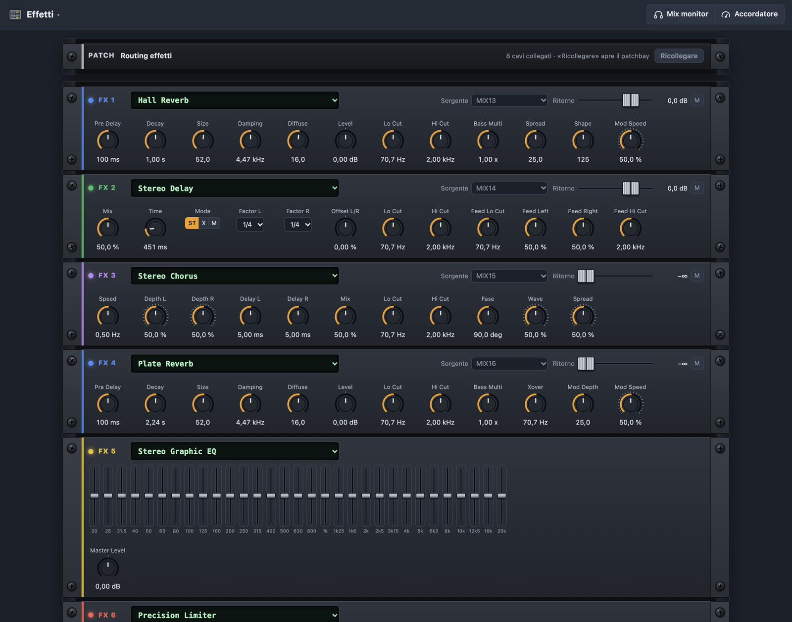 Rack effetti con patchbay e moduli effetto