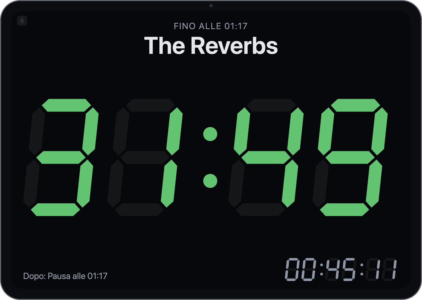Finestra del timer con il tempo residuo su display a 7 segmenti, slot in corso e successivo e ora