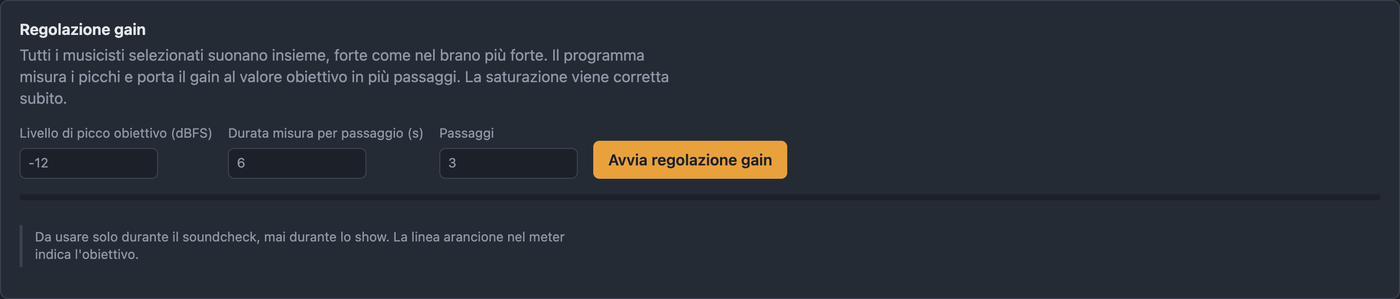 Scheda Regolazione gain in BandAssist con livello di picco obiettivo, durata della misura e passaggi