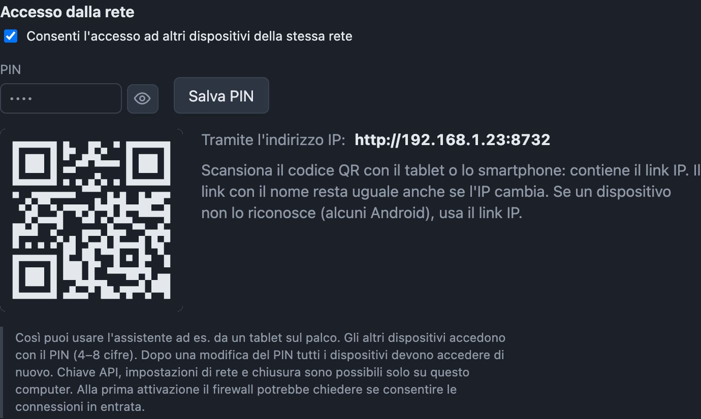 Impostazioni Rete con accesso, PIN, link e codice QR