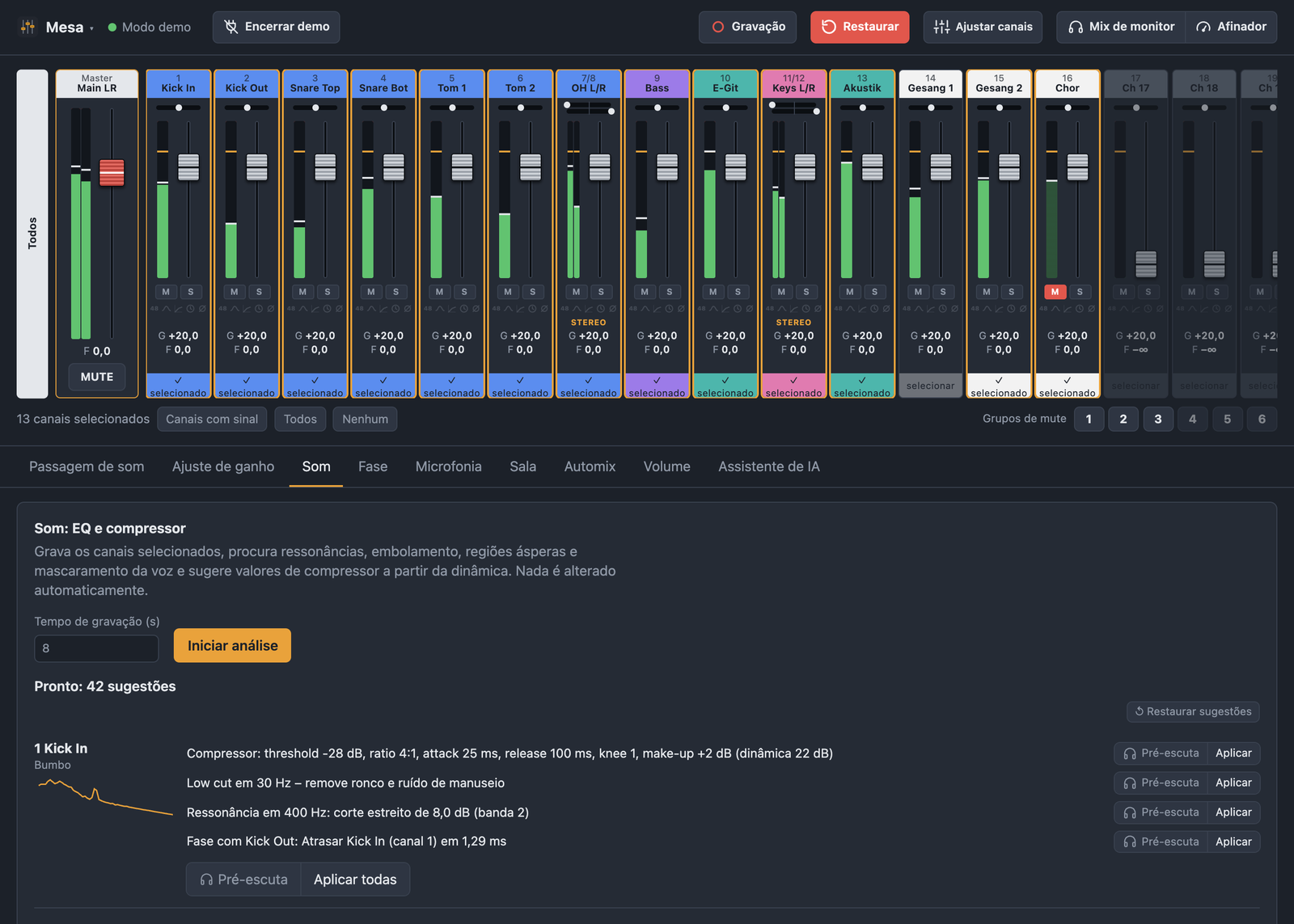Análise de som do BandAssist com sugestões de low cut, EQ e compressor por canal
