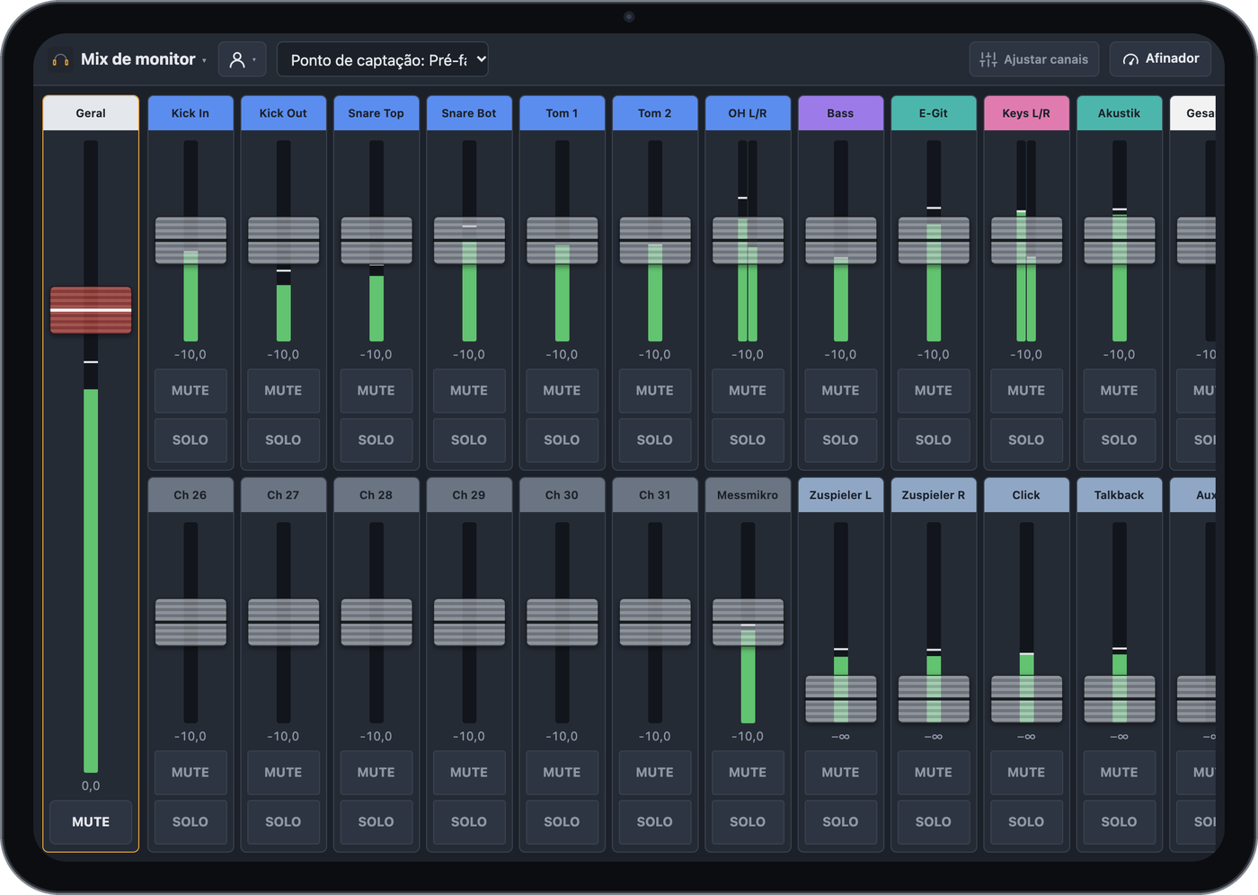 Mix de monitor do BandAssist num iPad com faders grandes por canal
