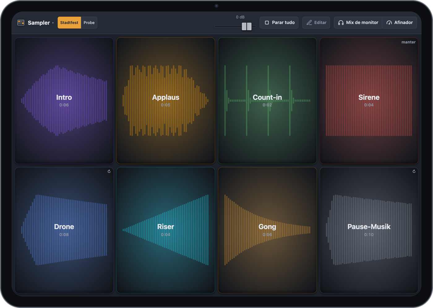 Sampler num iPad com oito pads coloridos
