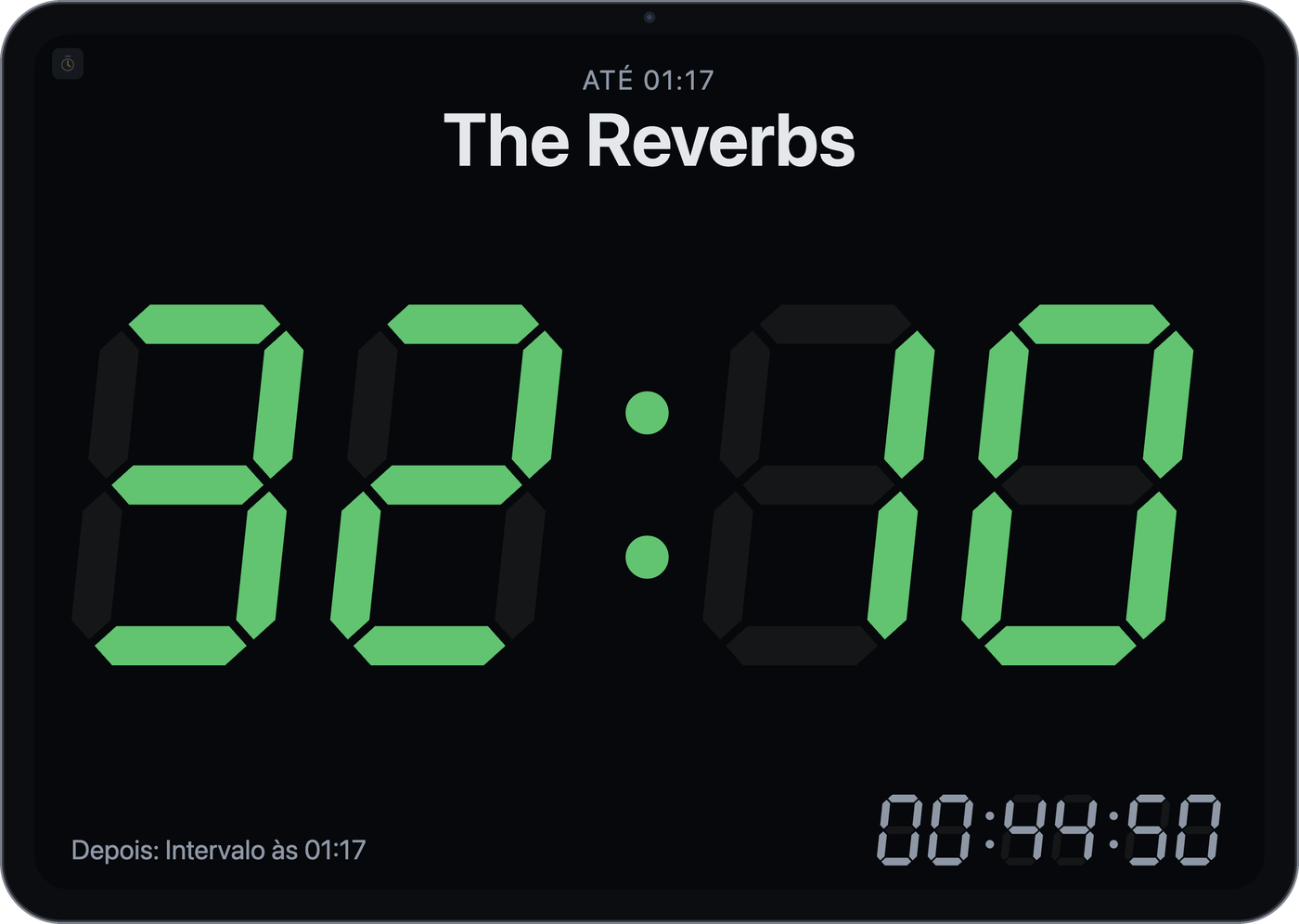 Janela do timer com o tempo restante em display de 7 segmentos, bloco atual e próximo e a hora