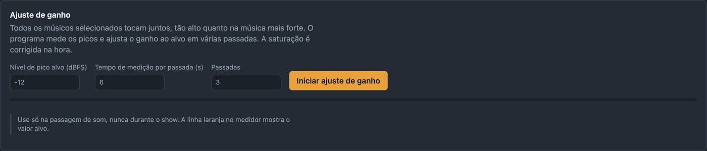 Aba Ajuste de ganho do BandAssist com nível de pico alvo, tempo de medição e passadas