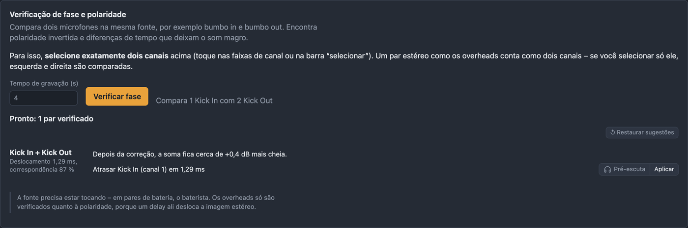 Aba Fase com o resultado para Kick In e Kick Out