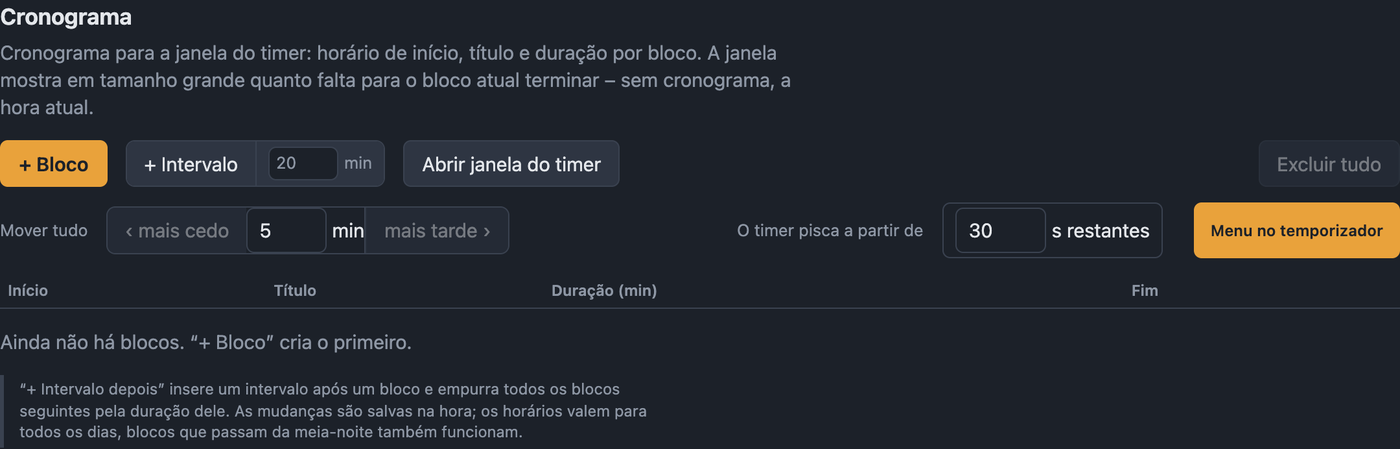 Configurações Cronograma com blocos, intervalos e ajustes